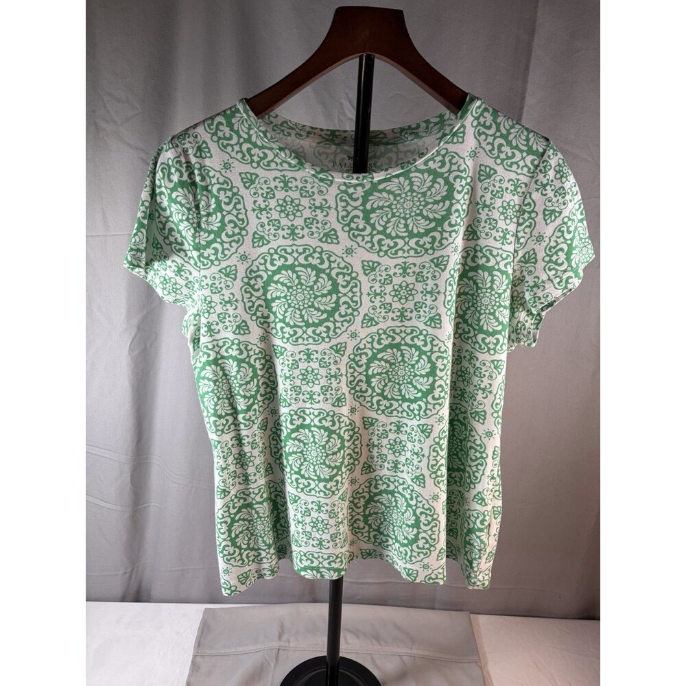 Talbots 100% Pima Cotton Green White Medallion Design Tee Shirt Size LP